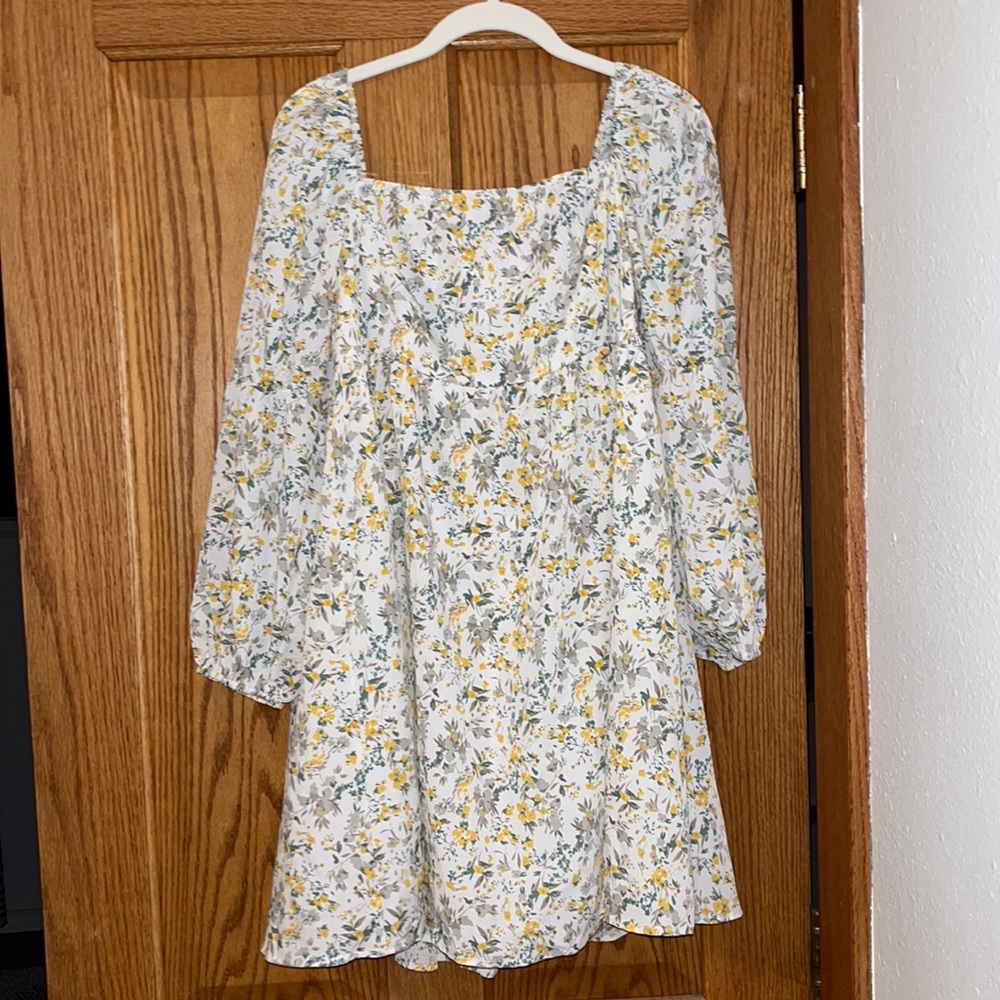 EXLURA Womens Square Neck Dress Long Puff Sleeve A-Line Casual Short Mini Dress